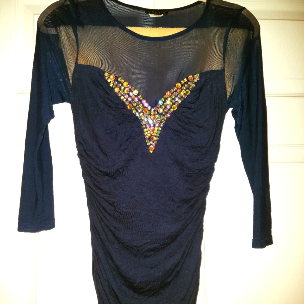 Venus, XS, Navy Sequin & Mesh Sweetheart Top, NWOT
